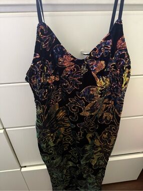 Blue Velvet Sequin Slip Dress with Multicolor Floral Pattern